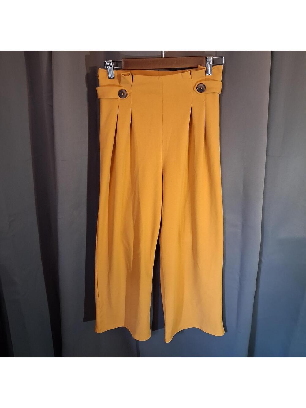 Blashe Mustard Yellow High-Waisted Wide-Leg Pants with Button Detail